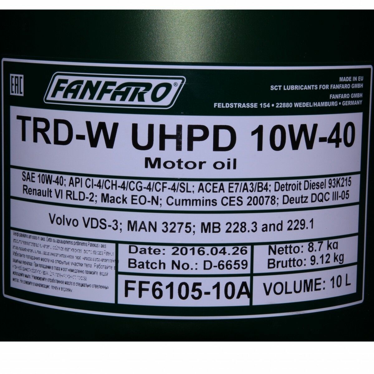10 Liter (1x10) FANFARO TRD-W UHPD 10W-40 API CI4 CH4 SL NKW Motoröl E7 A3 B4 228.3 229.1