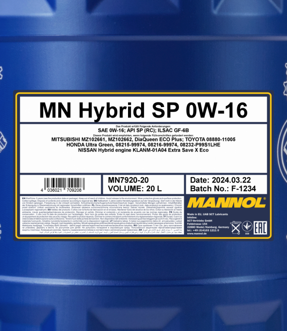 40 Liter (2x20) MANNOL Motoröl Hybrid SP 0W-16 7920 API SP (RC) ILSAC GF-6B