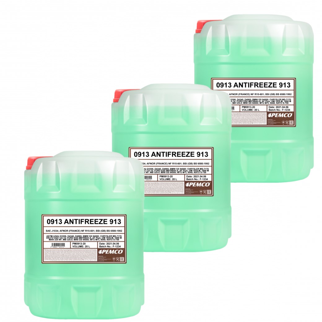 60 Liter (3x20) PEMCO Antifreeze 913 -40 °C Kühlerfrostschutz Fertiggemisch grün 60 Liter (3x20) PEMCO Antifreeze 913 -40 °C Kühlerfrostschutz Fertiggemisch grün