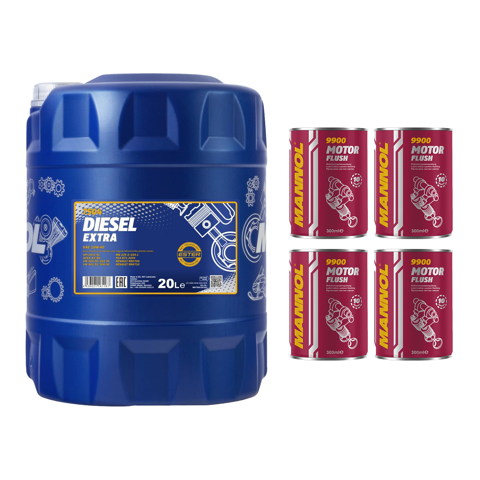 1x20 Liter MANNOL Diesel Extra 10W-40 10W40 Motoröl ÖL 4x Motor Flush 9900 Set