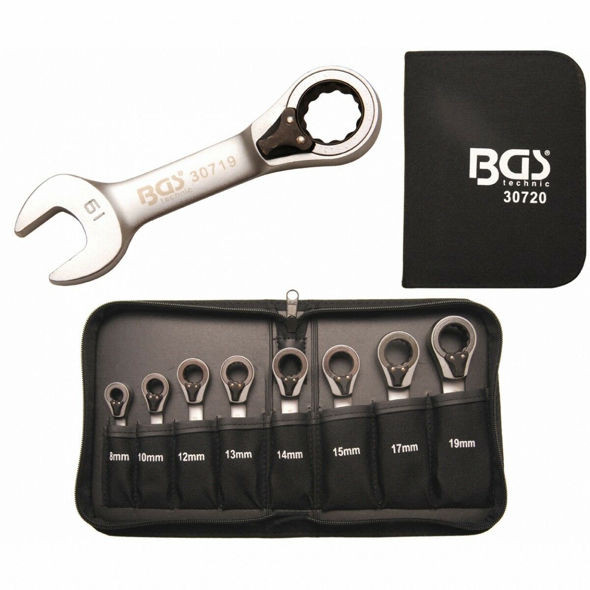 Ratschenring-Maulschlüssel-Satz, umschaltbar, 8-19 mm, 8-tlg.