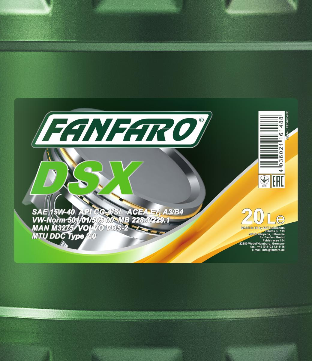 20 Liter FANFARO DSX 15W-40 CH-4/SL Motoröl E3 B3 A3 VW 505.00 501.00 MB 229.1