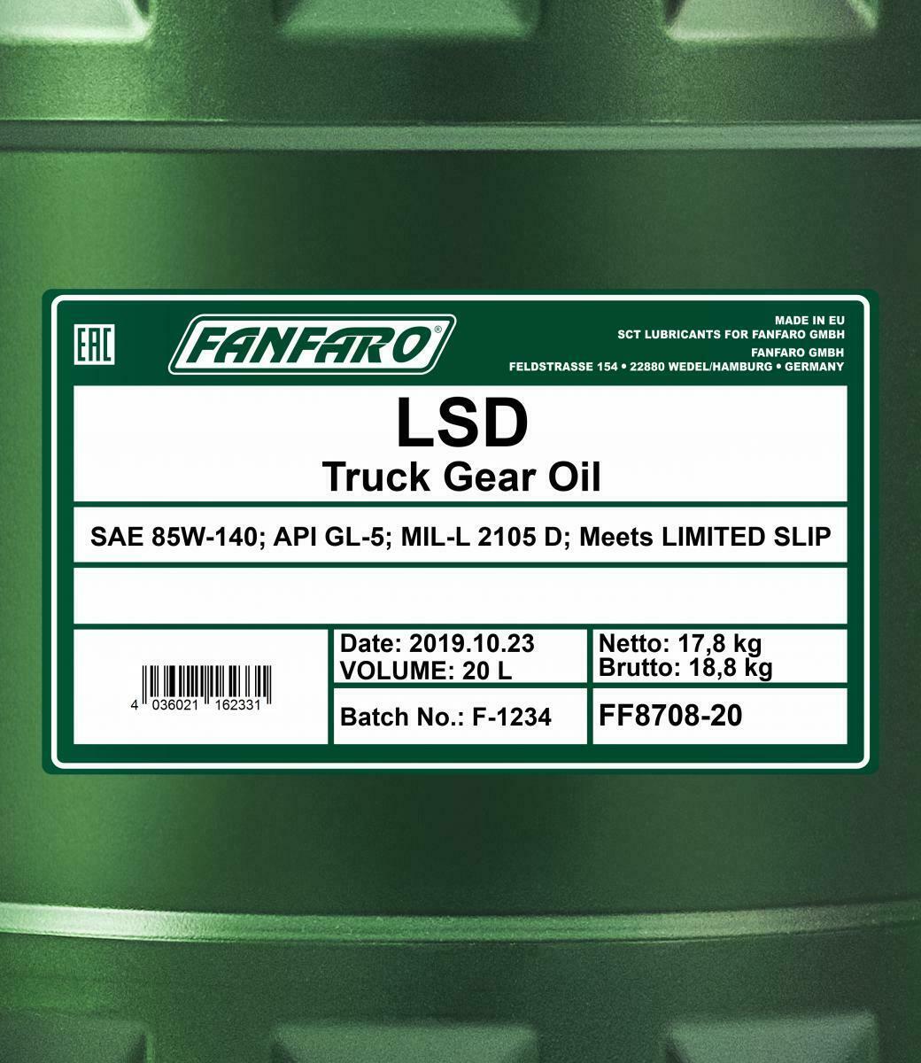 20 Liter FANFARO Hypoid LSD 85W-140 GL-5 API LS Getriebeöl MT1 AGMA 252.04