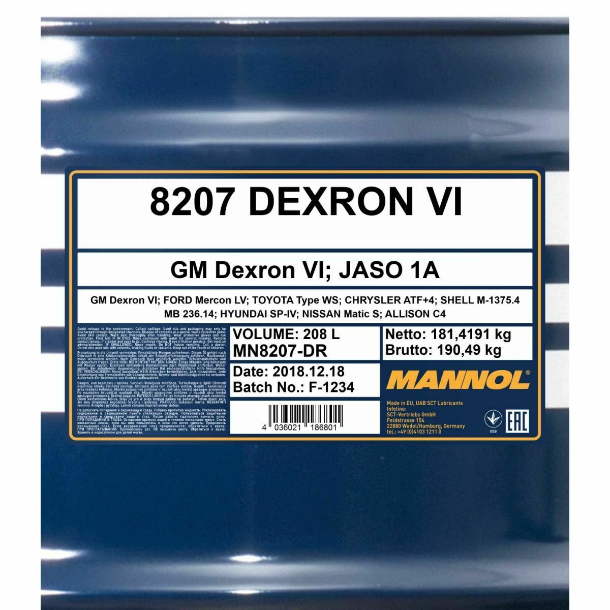 208 Liter MANNOL Dexron VI Getriebeöl Automatikgetriebe Öl 4036021101057