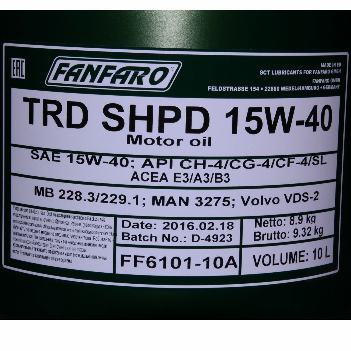 10L FANFARO TRD SHPD 15W-40 API CH4 SL NKW Motoröl 228.3 229.1 E3 A3 B3
