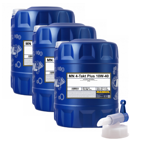 60 Liter (3x20) MANNOL 4-Takt Plus 10W-40 7202 API SL Motorradöl + 1x Ablasshahn