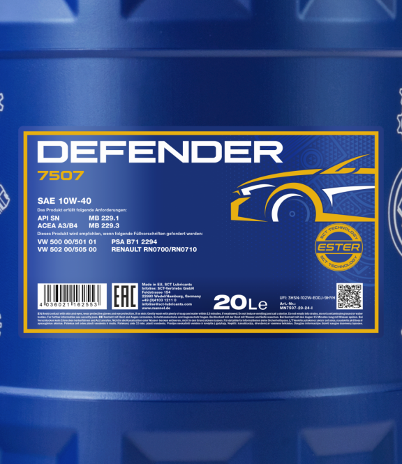 20 L MANNOL 7507 Defender 10W-40 Motoröl A3/B4 MB229.3 + 4x Motor Flush 9900