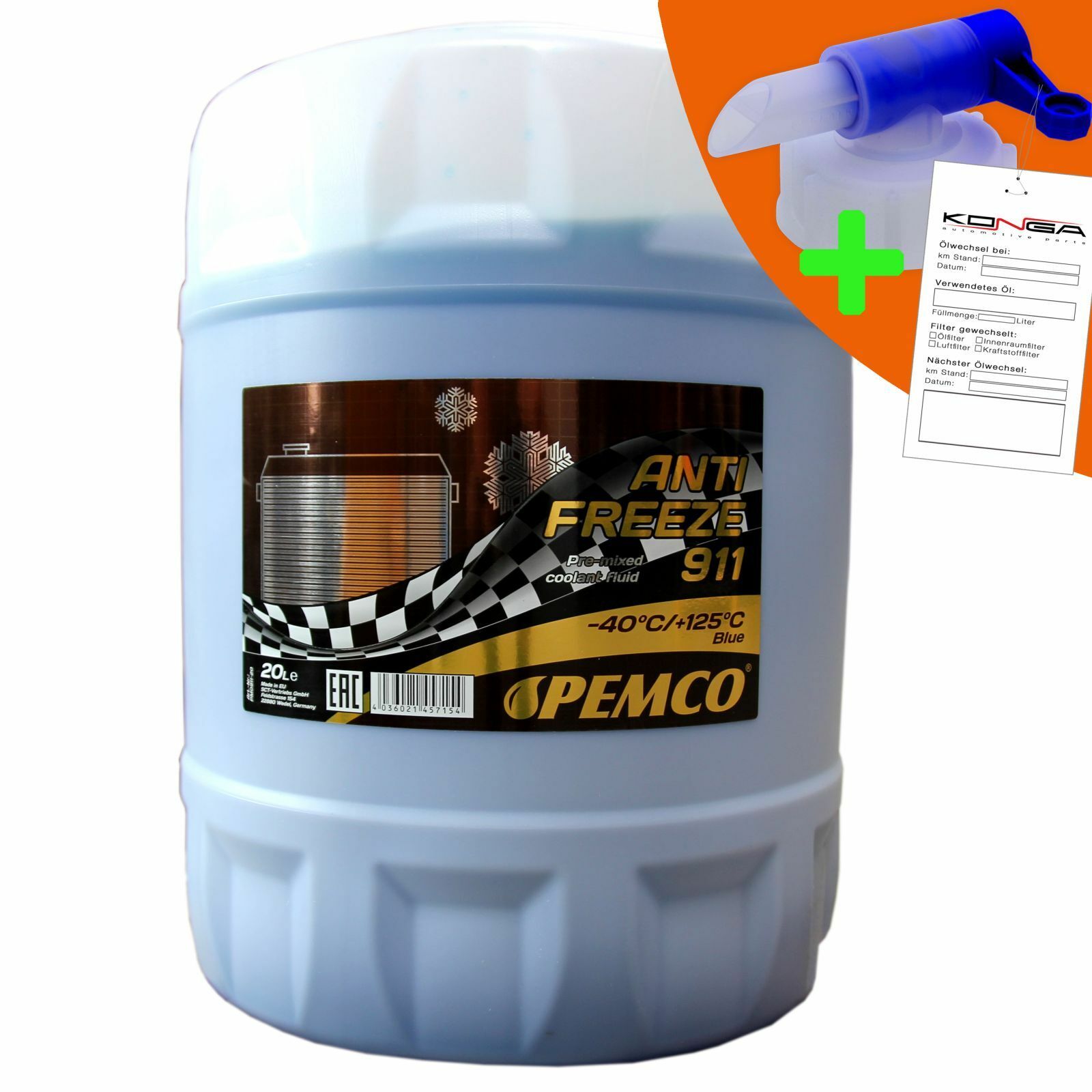 20 Liter PEMCO ANTIFREEZE 911 -40C Kühlerfrostschutz für G11, blau + Ablasshahn