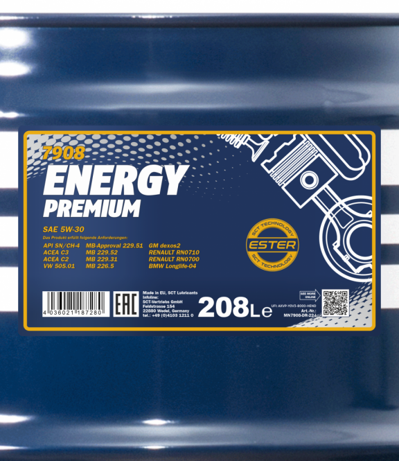 208 Liter MANNOL Energy Premium 7908 5W-30 Motoröl API SP