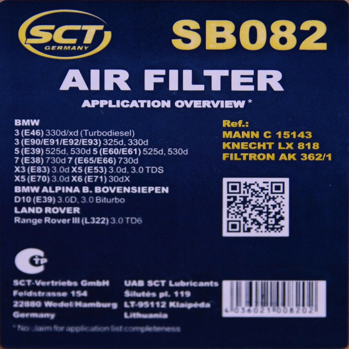 Luftfilter Fahrzeugfilter SB082 Luft Filter passend für BMW X6 X5 X3 7er 5er 3er Landrover SCT