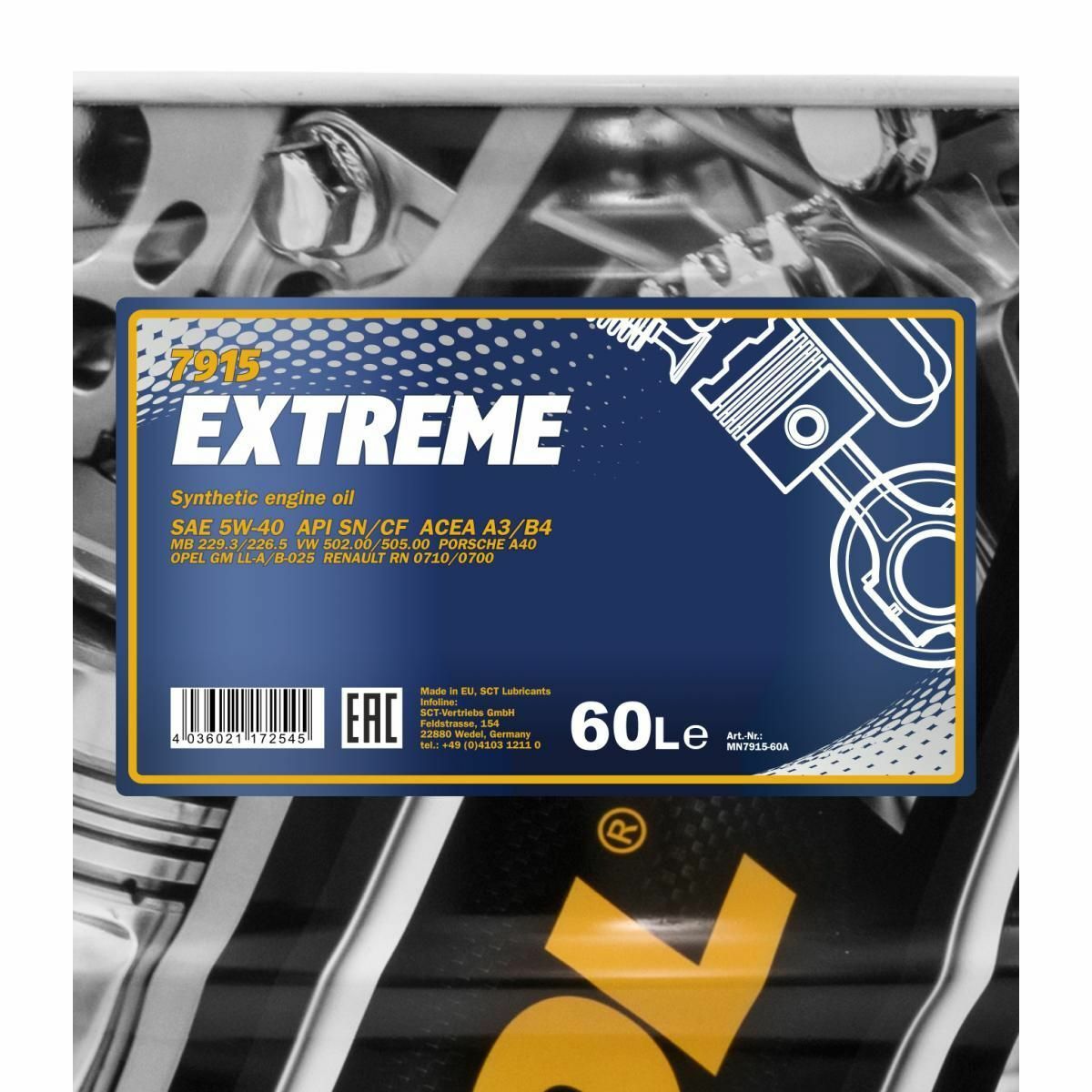 60 Liter MANNOL Extreme 5W-40 API SN CH-4 Motoröl 5W40 SP