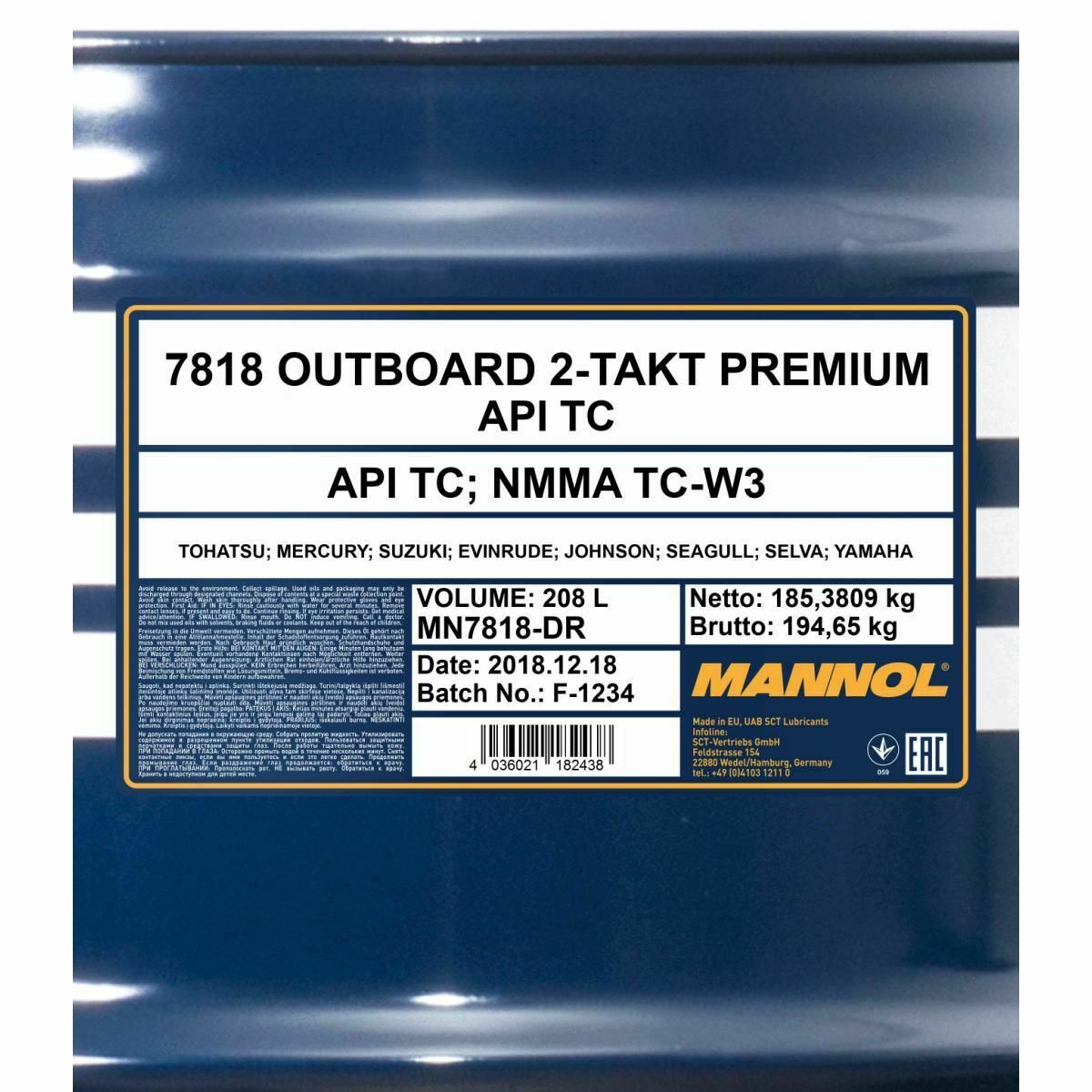 208 Liter MANNOL 7818 Outboard 2-Takt Premium API TD Motoröl 4032021102360