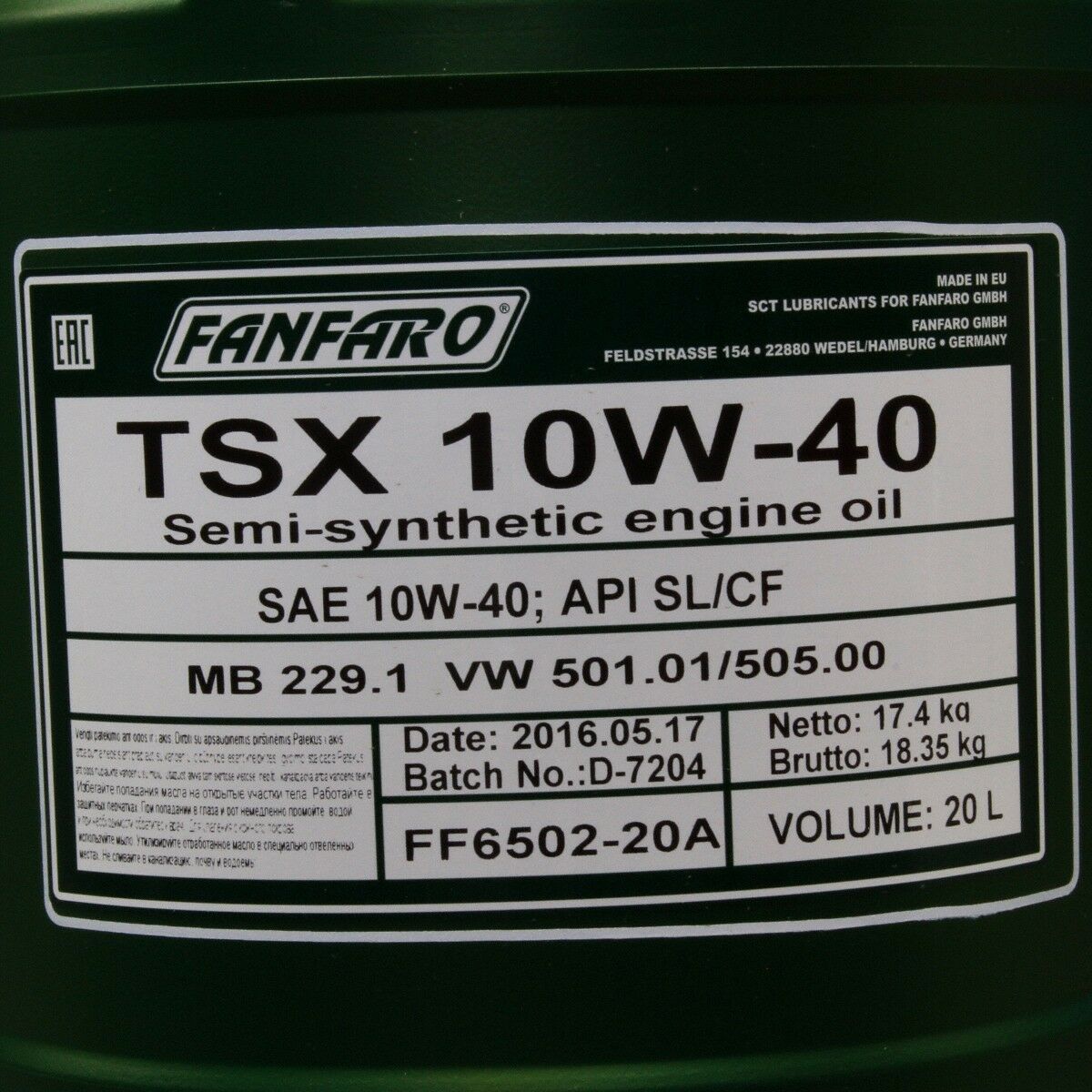 40 Liter FANFARO TSX 10W-40 SN Motoröl MB 229.1 VW 501.01 505.00 Economy Class