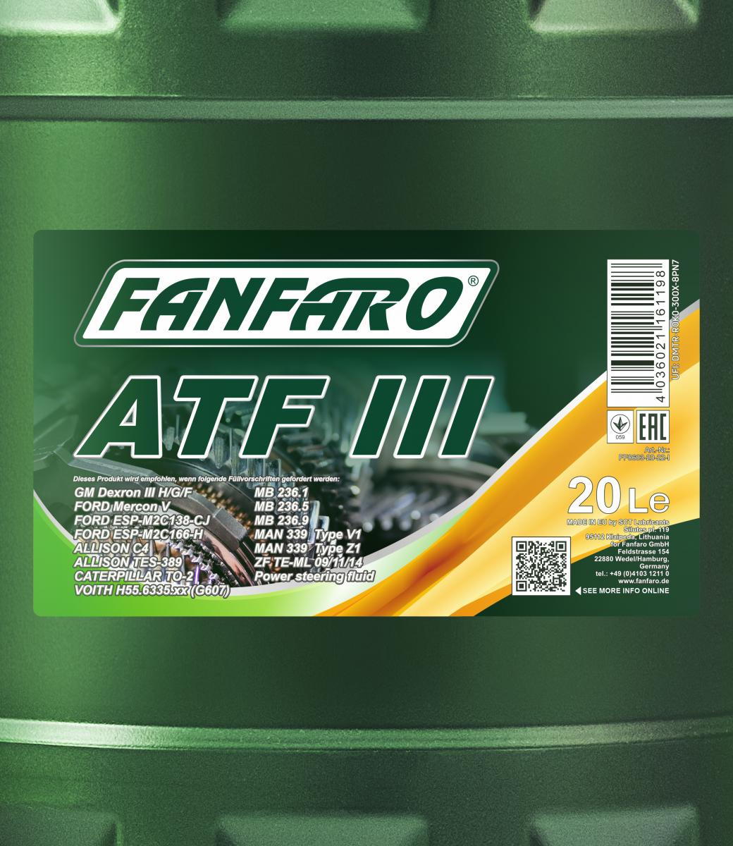 20 Liter FANFARO ATF III Getriebeöl MB 236.1 236.5 MAN 339 GM Dexron III H 20 Liter FANFARO ATF III Getriebeöl MB 236.1 236.5 MAN 339 GM Dexron III H