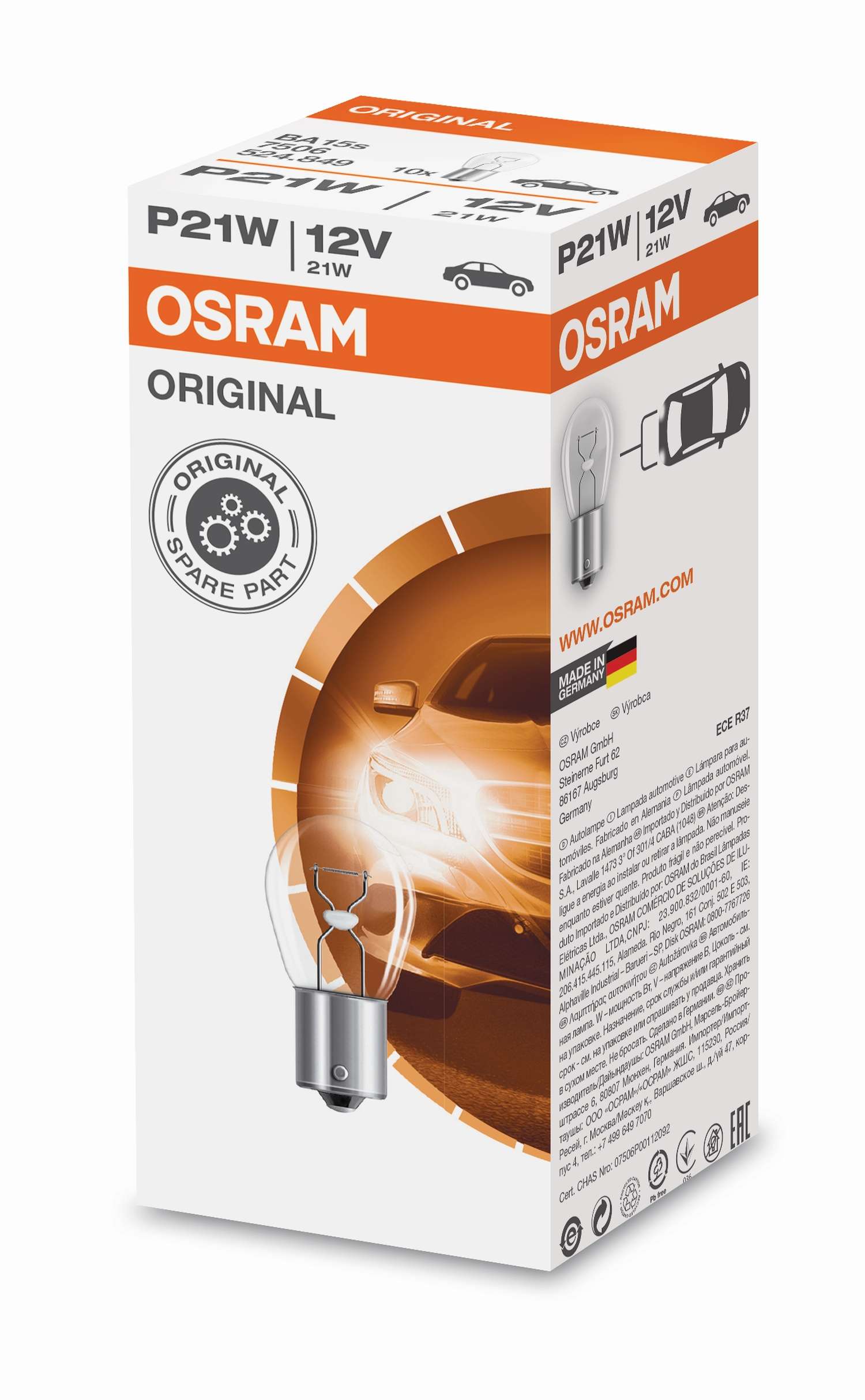 10x OSRAM Autolampe Leuchte Signallampe P21W Blinker Bremse BA15s 