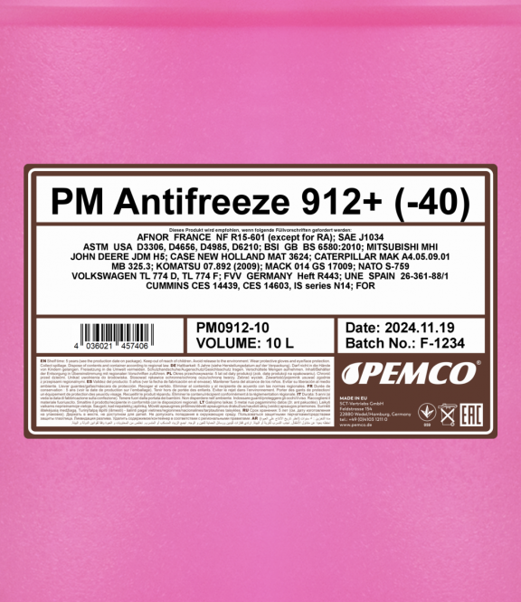 10 Liter PEMCO Antifreeze 912+ Kühlerfrostschutz bis -40C rot PM0912 10 Liter PEMCO Antifreeze 912+ Kühlerfrostschutz bis -40C rot PM0912