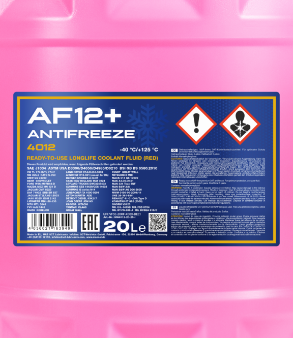 20 MANNOL Antifreeze AF12+ Frostschutz Fertiggemisch rot -40°C G12+