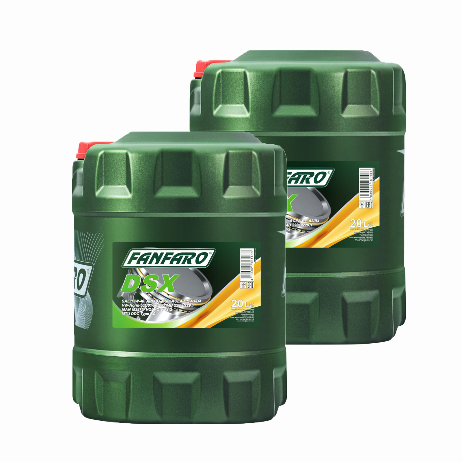 40L (2x20) FANFARO DSX 15W-40 CH-4/SL Motoröl E3 B3 A3 passend für VW 505.00 501.00 MB 229.1