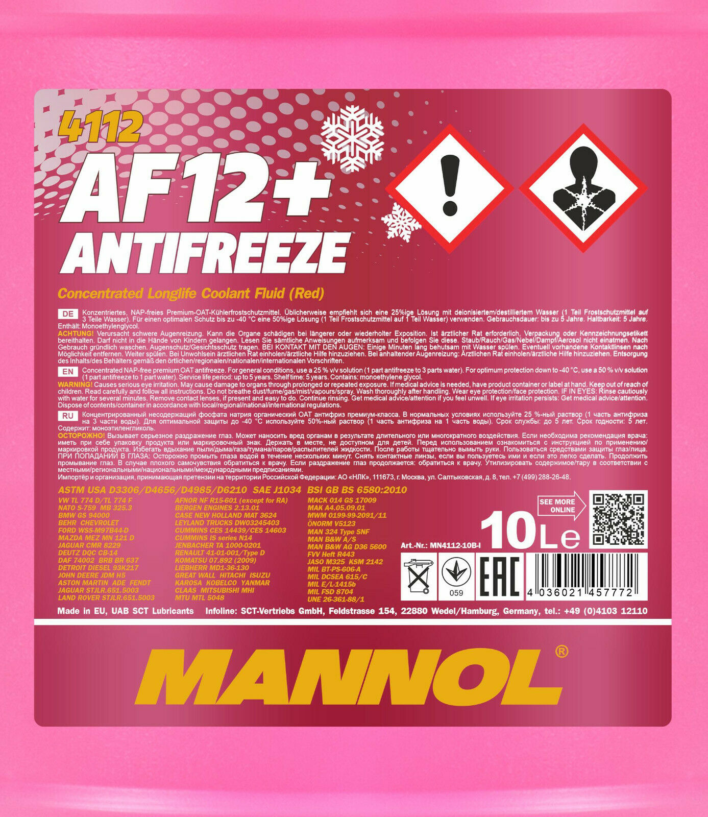 10L  MANNOL 4112 Longlife Antifreeze AF12+ Kühlerfrostschutz Konzentrat rot 1X10