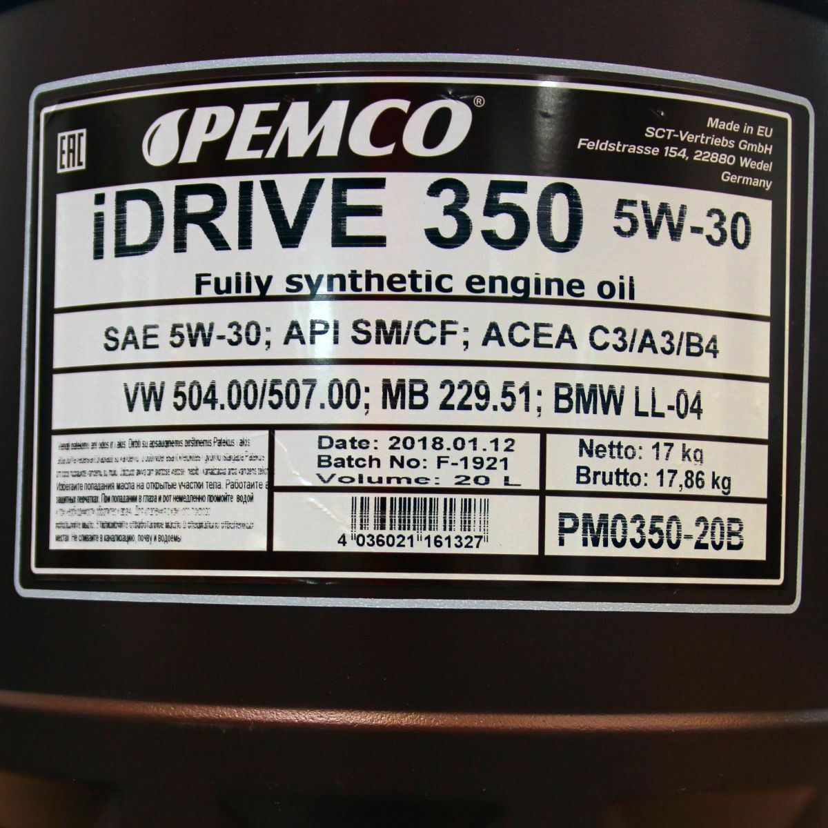 20L Liter PEMCO iDRIVE 350 5W-30 API SN/CF Motoröl