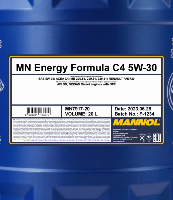 40 Liter (2x20) MANNOL Energy Formula C4 5W-30 7917 API SN ACEA C4