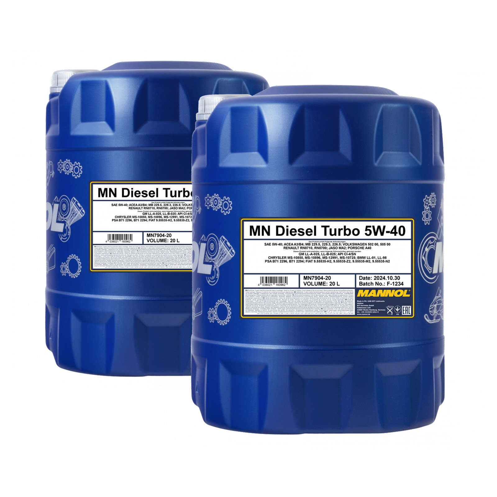 40 Liter (2x20) MANNOL Diesel Turbo 5W-40 5W40 CI-4/SN Motoröl ÖL 4036021160962