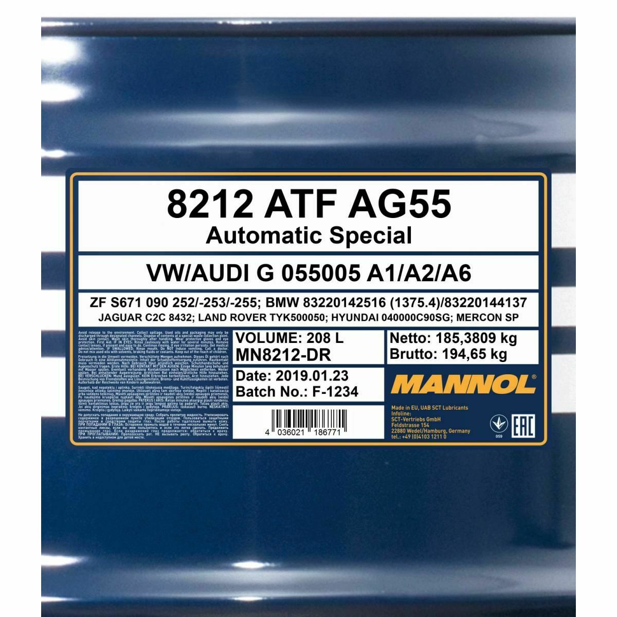 208 Liter MANNOL ATF AG55 Getriebeöl Automatikgetriebe Öl 4036021103068