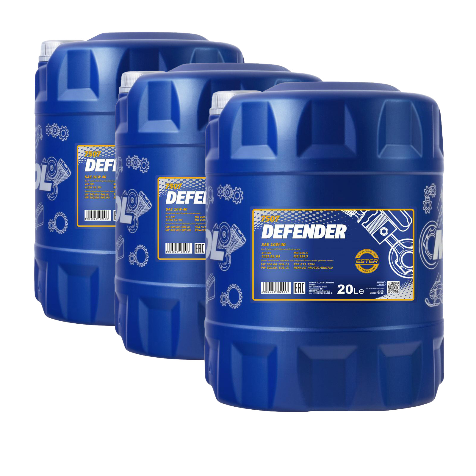 60 Liter (3x20) MANNOL 7507 Defender 10W-40 Motoröl A3/B4 MB229.3 VAG VW 505.00 RN0700