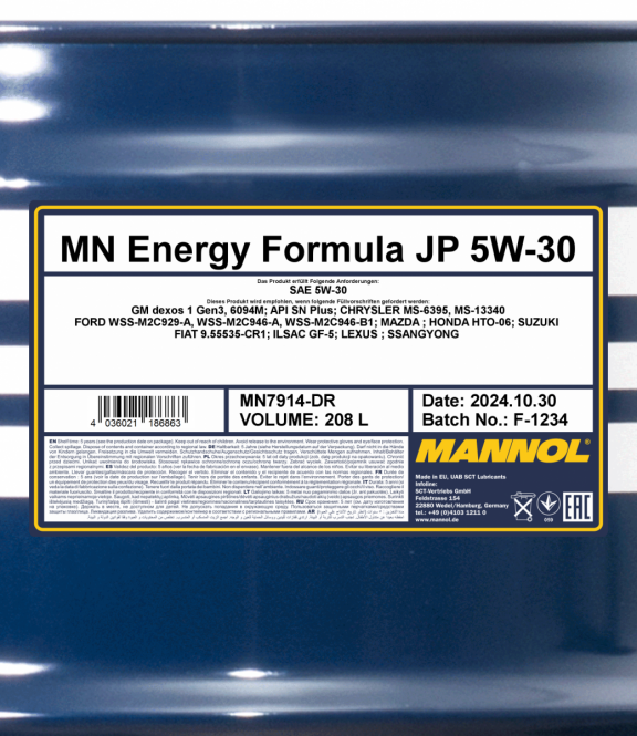 208 Liter MANNOL Energy Formula JP 7914 5W-30 API SN Plus Motoröl 