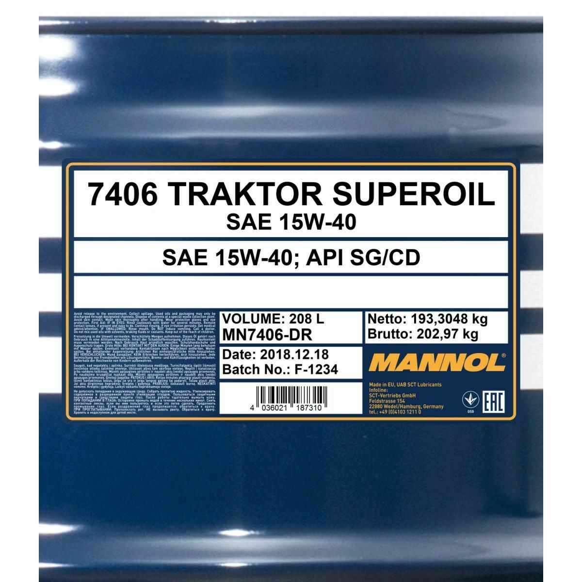 208 Liter MANNOL TRAKTOR SUPEROIL 15W-40 Motoröl Traktoröl