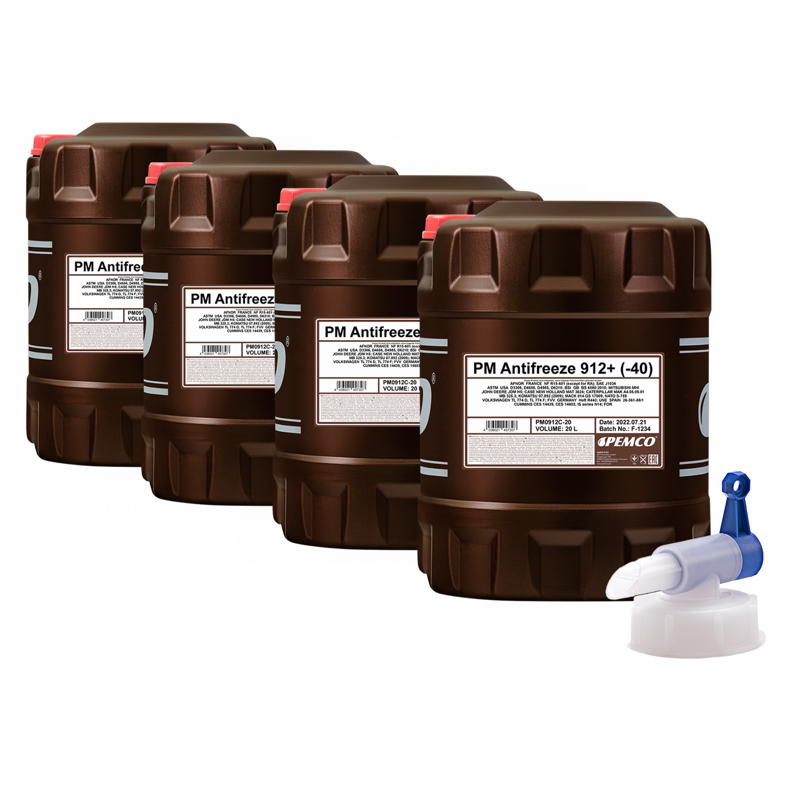80 Liter (4x20) PEMCO ANTIFREEZE 912+ Kühlerfrostschutz rot PM0912C + Ablasshahn