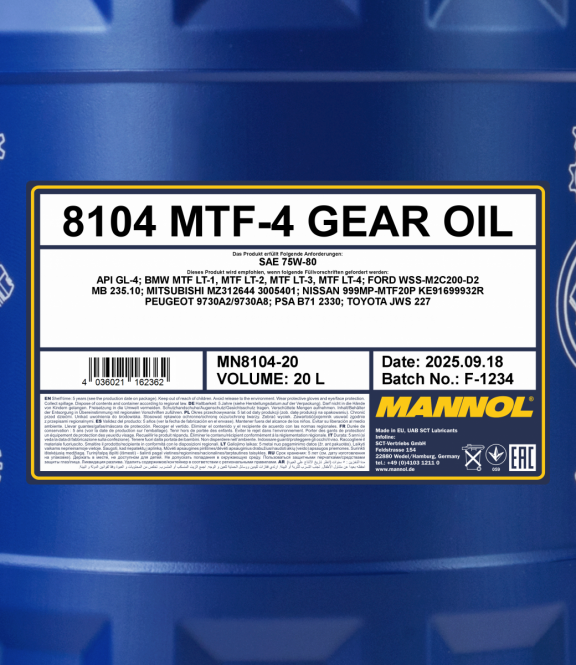 20 Liter MANNOL MTF-4 Getriebeöl API GL4 75W-80 passend für BMW Ford MB
