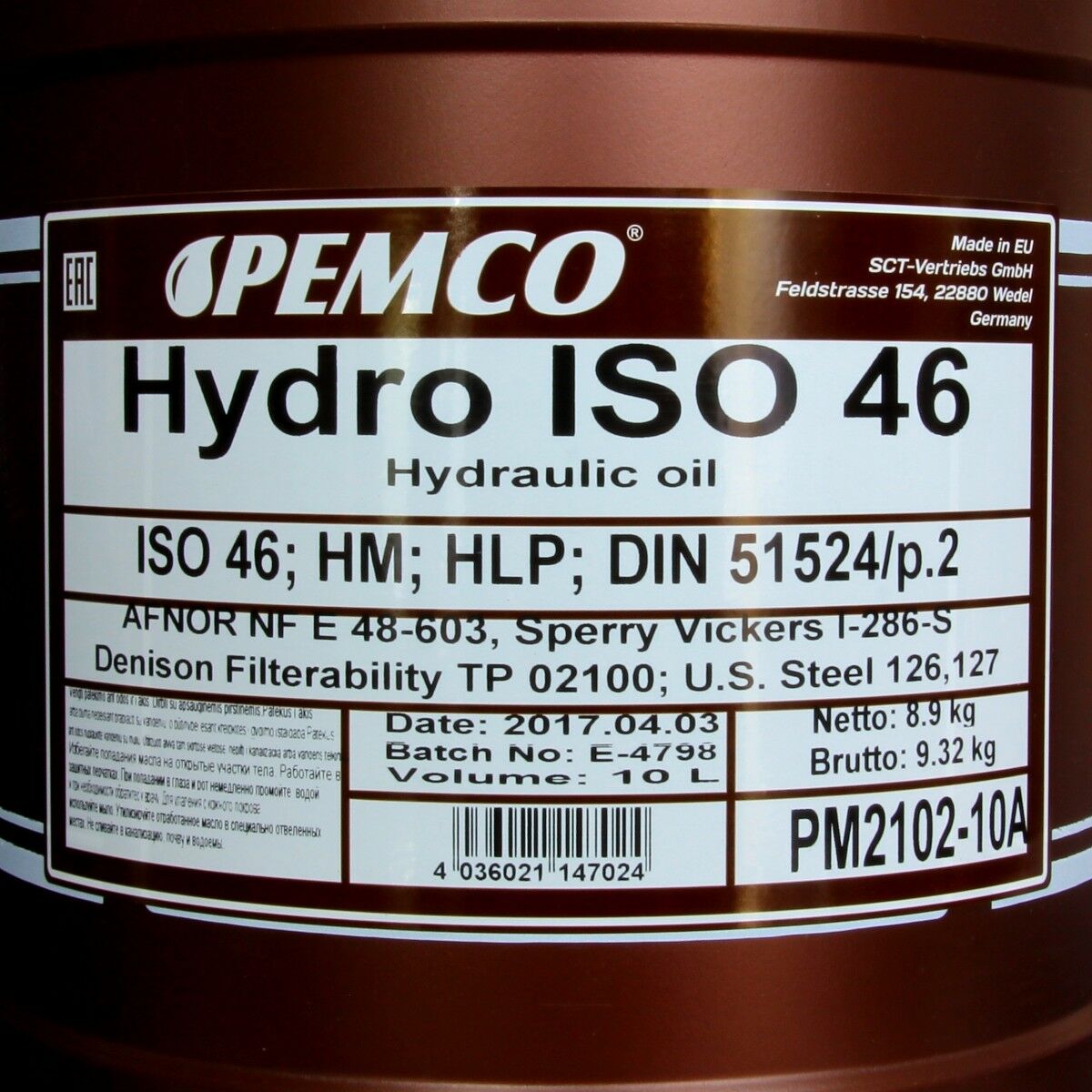 10 (1x10) Liter PEMCO Hydro ISO 46 Hydrauliköl HLP 46 / DIN 51524 DENISON HF-2