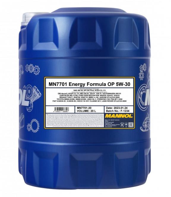 20 Liter MANNOL Energy Formula OP 7701 5W-30 API SP Motoröl 20 Liter MANNOL Energy Formula OP 7701 5W-30 API SP Motoröl