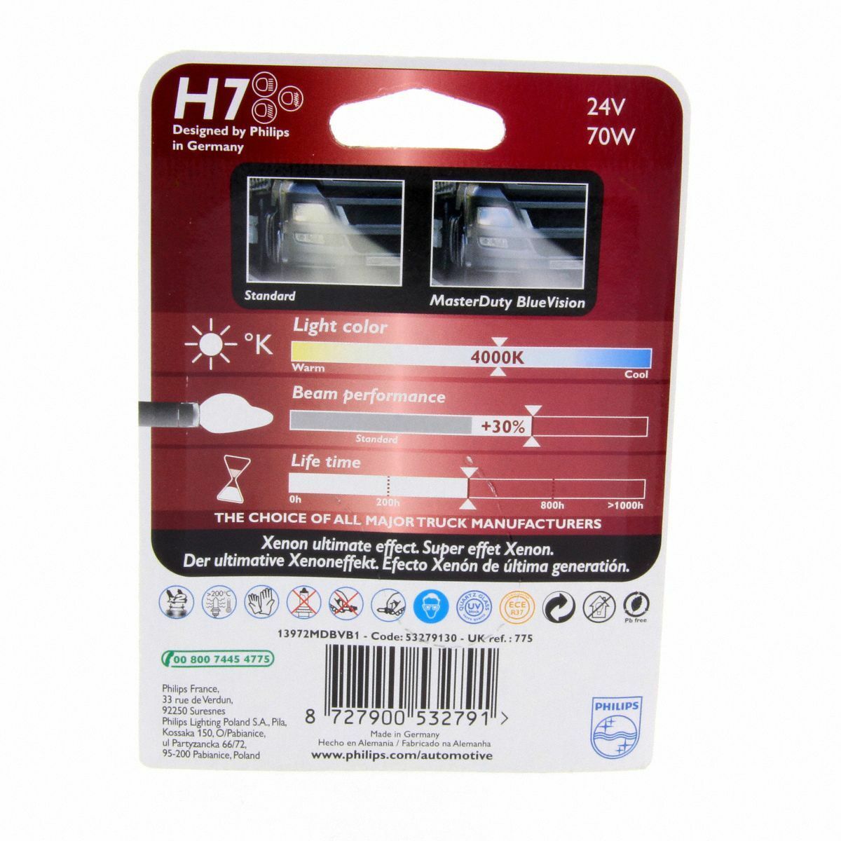 H7 Philips MasterDuty BlueVision bis zu 4000K 24V 13972MDBV LKW Blister 1 Stück