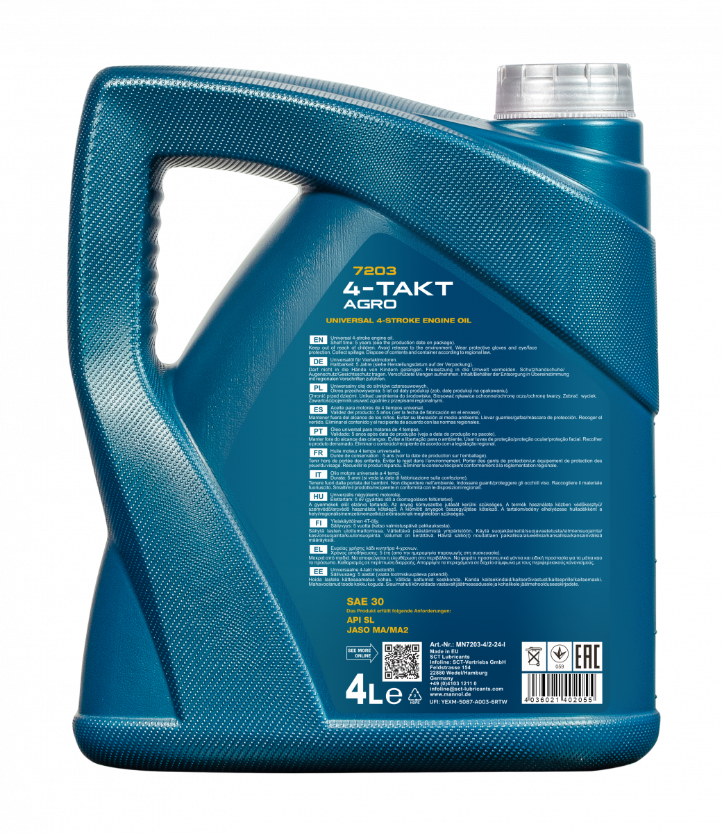 8 Liter (2x4) MANNOL 4-Takt Agro 7203 SAE 30 API SL Motoröl für Gartengeräte
