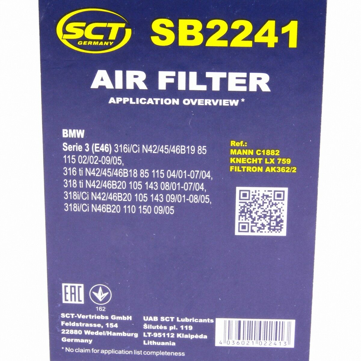 Luftfilter Fahrzeugfilter SB2241 Motorluftfilter Luft Filter passend für BMW SCT