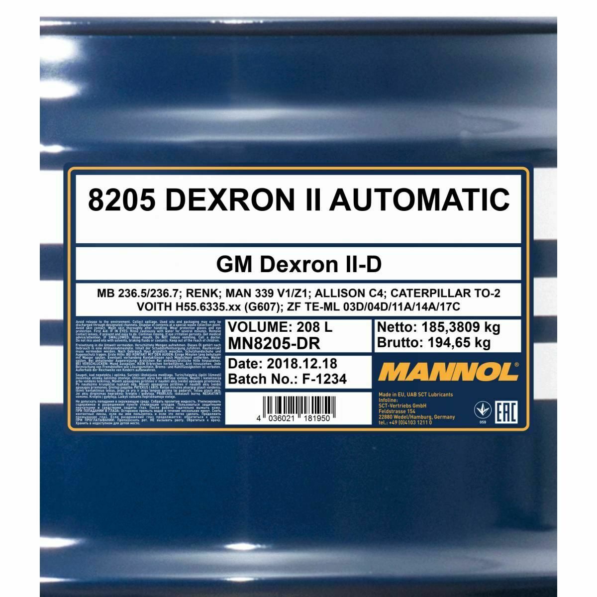 208 Liter MANNOL Dexron II Automatic Getriebeöl Automatikgetriebe Öl