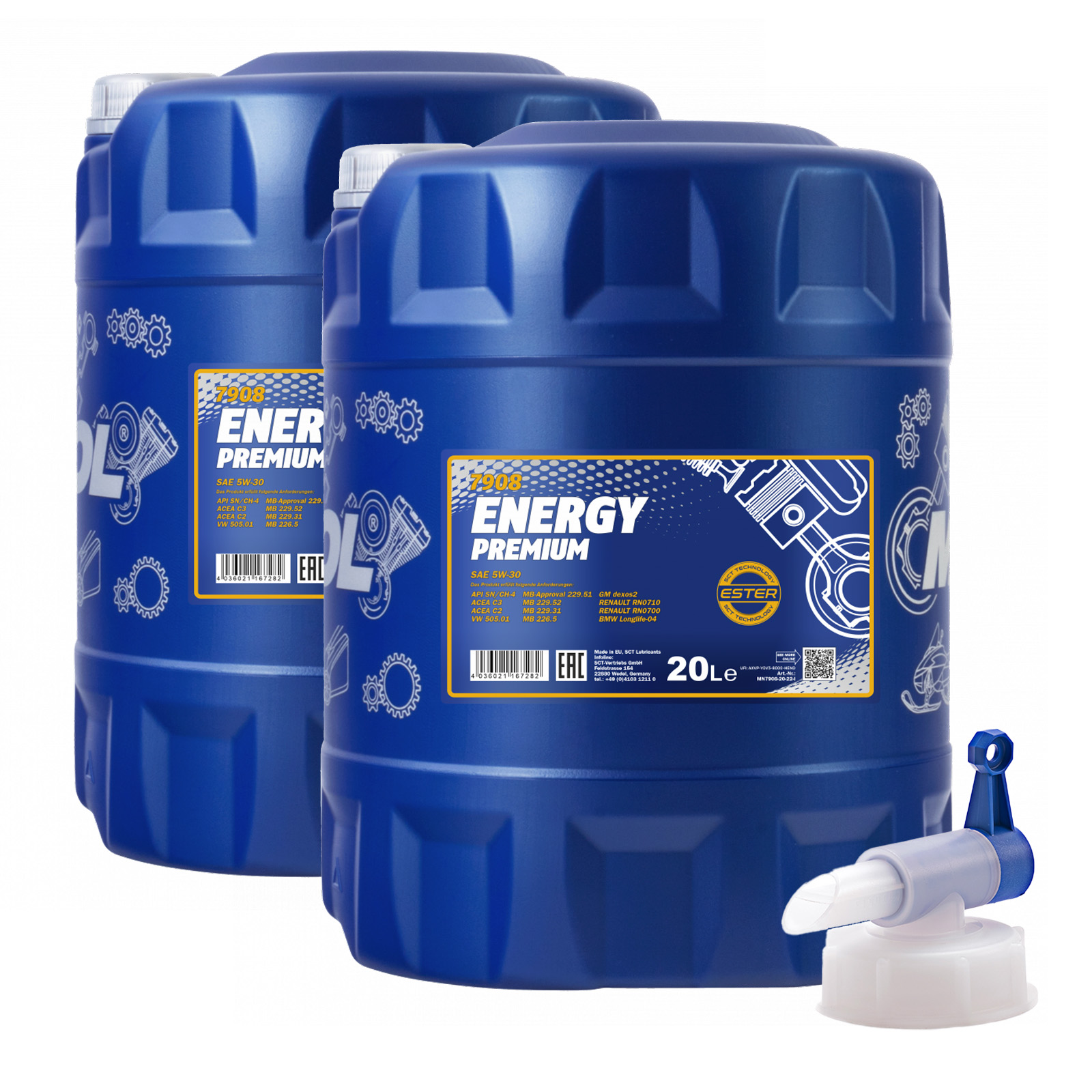 40 Liter (2x20) MANNOL Energy Premium 7908 5W-30 Motoröl API SP + Ablasshahn