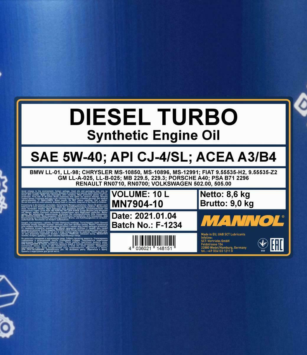 10 Liter MANNOL Diesel Turbo 5W-40 5W40 Motoröl A3/B4 VAG 505.00 CI-4/SN