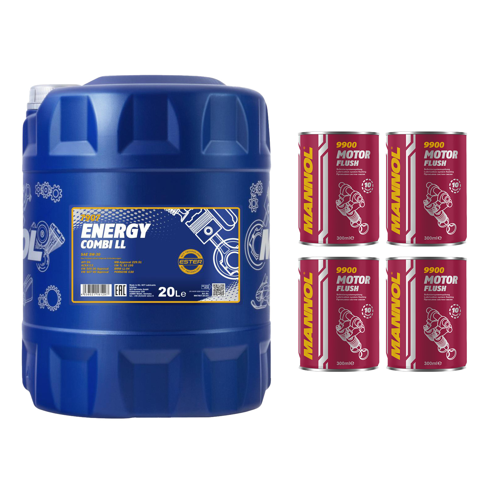 1x20 Liter MANNOL Energy Combi LL 5W-30 5W30 Motoröl ÖL 4x Motor Flush 9900 Set