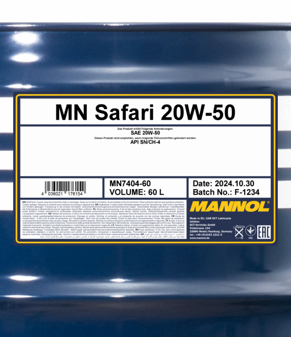 60 Liter MANNOL Safari 20W-50 API SN CH-4 Motoröl 20W50 4036021506159