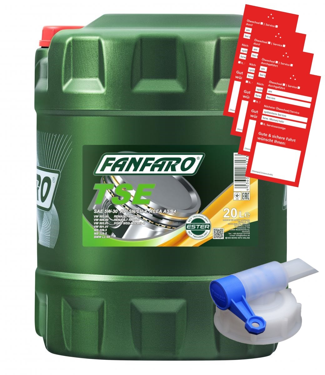 20 Liter FANFARO TSE 5W-30 SN CH-4 Motoröl A3 B3 MB 229.1 VW 505.00 + Ablasshahn