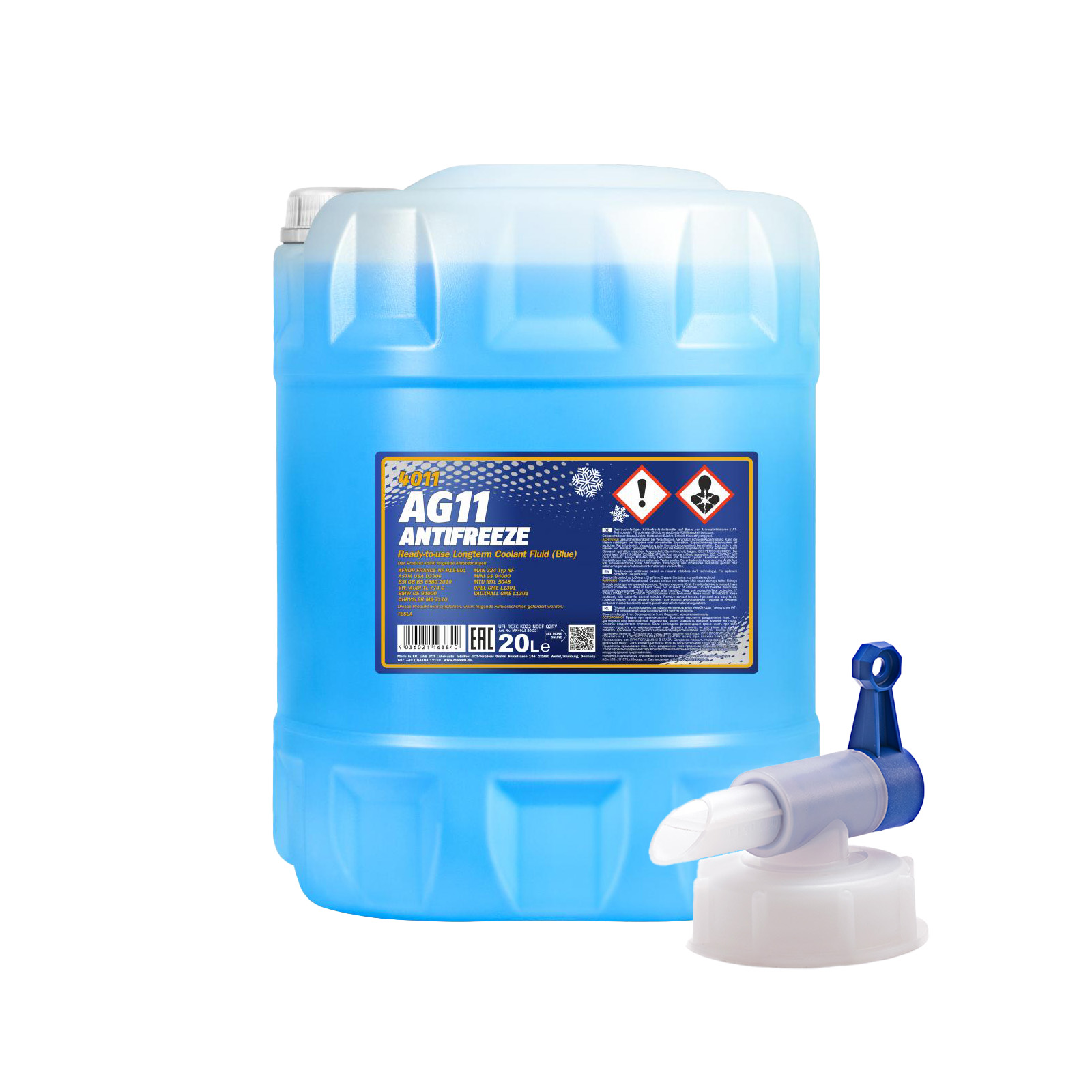 20 L MANNOL Kühlerfrostschutz Kühlmittel AG11 blau -40° Kühlflüssigkeit +  Hahn