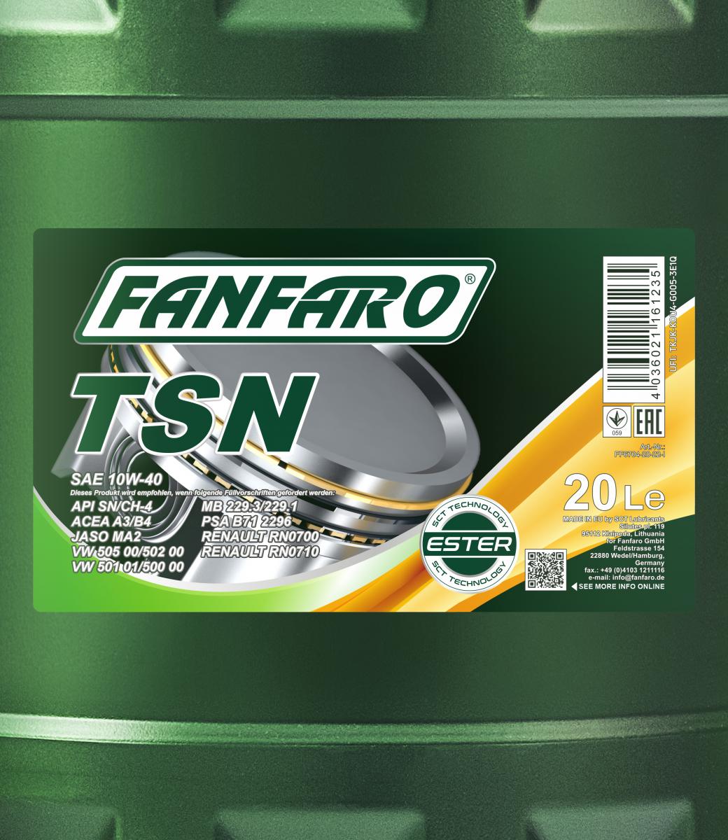 20 Liter FANFARO TSN 10W-40 SN CH-4 A3 B4 Motoröl MB 229.1 VW 502.00 505.00