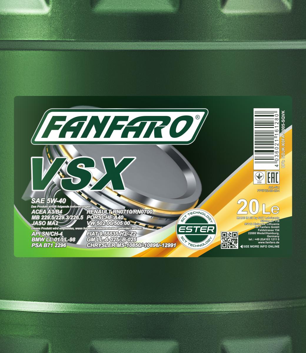 20 Liter FANFARO VSX 5W-40 Motoröl A3 B4 MB passend für VW 505.00 BMW LL-01 Opel LL-A