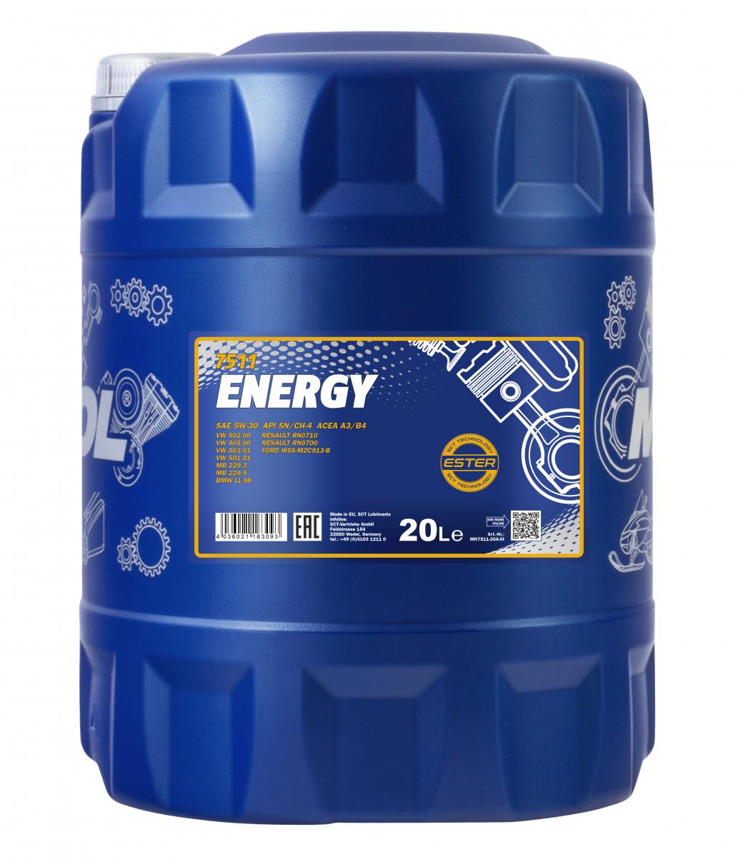 60 Liter (3x20) MANNOL Energy 5W-30 7511 API SN/CH-4 A3/B4 Motoröl + Ablasshahn