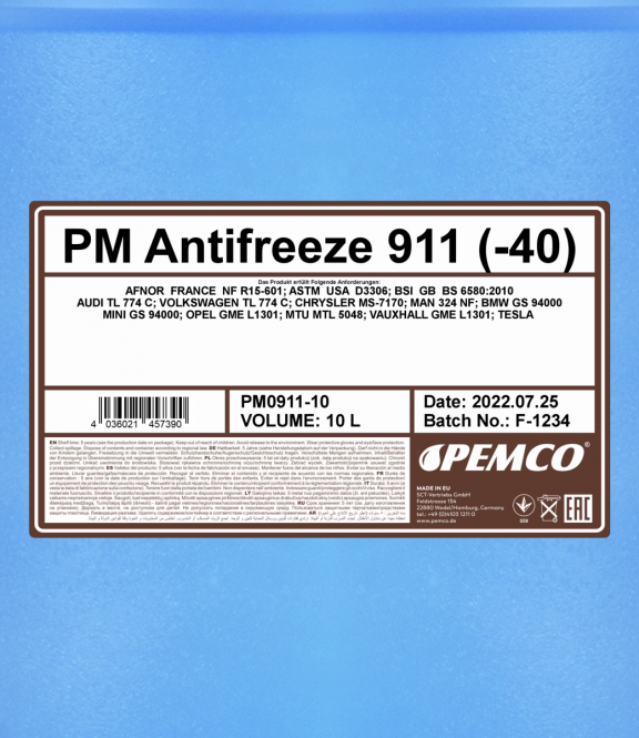 10 Liter PEMCO ANTIFREEZE 911 -40C Kühlerfrostschutz blau, G11, Frostschutz
