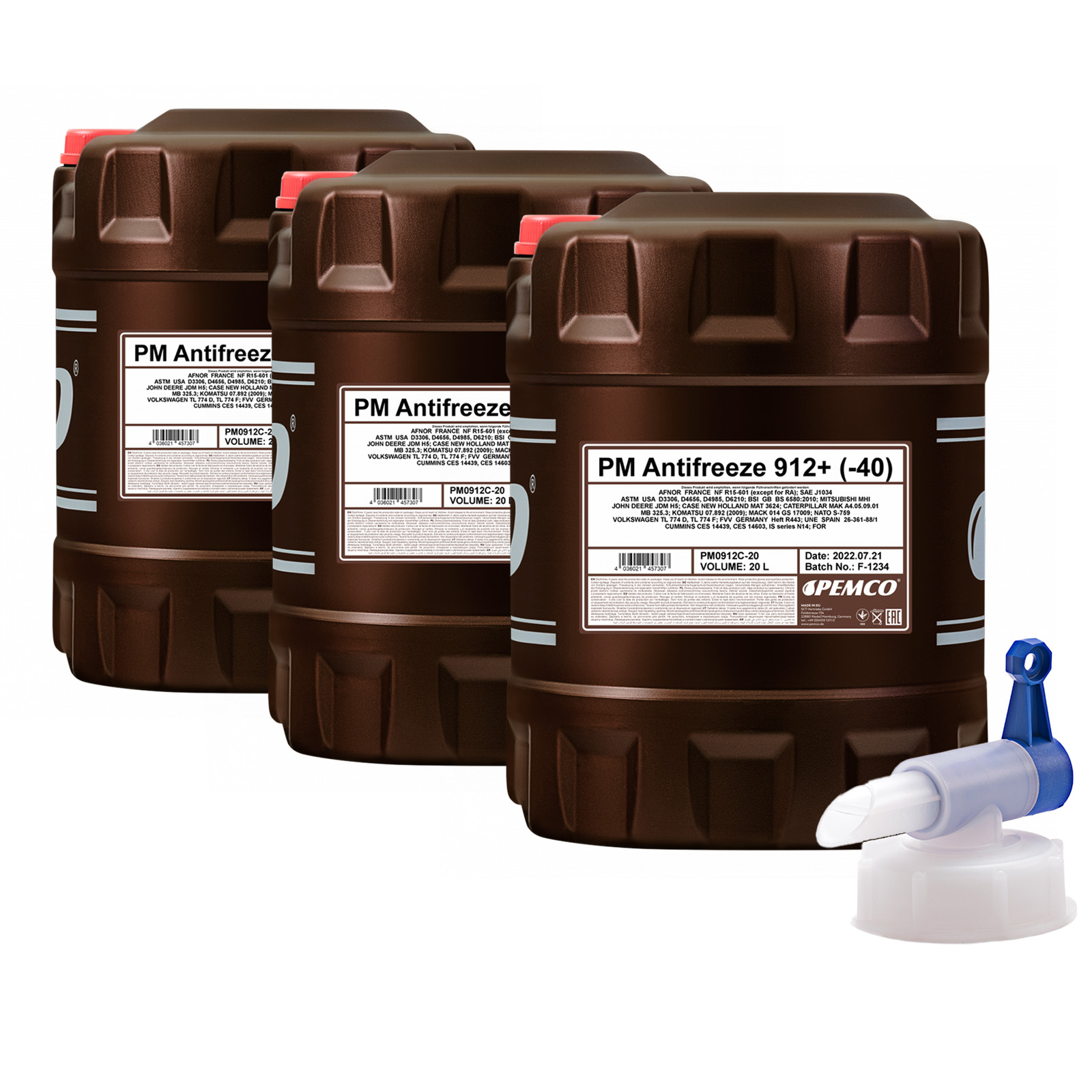 60 Liter (3x20) PEMCO ANTIFREEZE 912+ Kühlerfrostschutz rot PM0912C + Ablasshahn