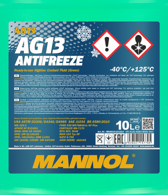 10 ltr. MANNOL hightech Antifreeze AG13 Frostschutz Fertiggemisch grün -40°C G13